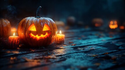 Poster - Candlelit Halloween pumpkins arranged a dark wooden surface casting eerie shadows