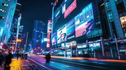 Vibrant Urban Nightscape with Digital Billboards in a Bustling City Center for Marketing and Advertising