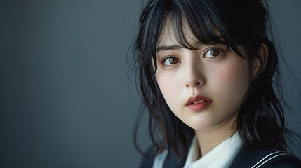 Wall Mural - Portrait of a young woman with long black hair and brown eyes, looking directly at the camera.