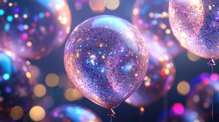 A cluster of balloons with confetti inside, shining under the party lights, perfect for a New s Eve celebration.