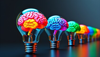 Wall Mural - Vibrant Light Bulbs with Colorful Brains Representing Creativity, Knowledge, Innovation, and Brainstorming Ideas