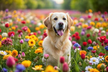 Sticker - Golden retriever sitting in field of wildflowers