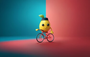 A smiling yellow cartoon fruit character riding a red bicycle with a blue and red background.