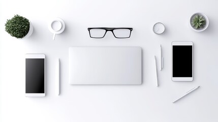 Poster - Minimalistic top-down view of a workspace with tech gadgets, like a laptop, smartphone, and tablet, on a white background. Emphasizing productivity and clean design.
