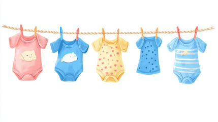 Vector illustration of various baby clothes hanging on a rope, isolated on a white background. Laundry held by plastic pegs for drying