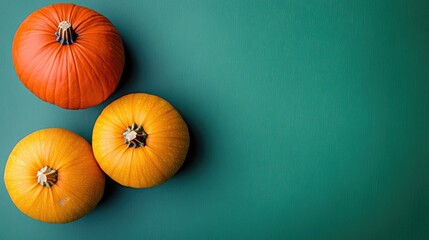 Wall Mural - Three pumpkins in orange and yellow hues on a vibrant green background overhead perspective space available for text strong lighting