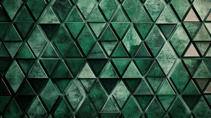 Textured green triangular wall tiles creating a modern geometric pattern in an indoor setting