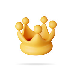 3D gold crown icon isolated on white. Render golden crown emoji symbol. Emoticon for VIP, rich, winner luxury premium success. Customer feedback, rating or status signs. Realistic vector illustration