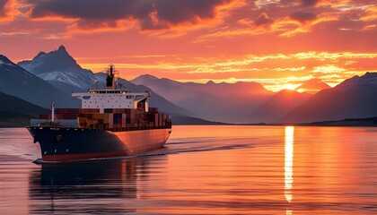 Majestic Cargo Ship Sailing at Sunset with Mountains in Background Against a Vibrant Sky of Orange and Pink