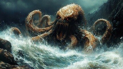 Canvas Print - Mythical Sea Monster: Kraken Unleashed in a Stormy Sea