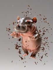 Poster - a playful baby pygmy hippo joyfully jumping in mid-air, set against a plain background, leaving ampl