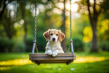 Poster - Beagle puppy sitting on swing in sunny garden