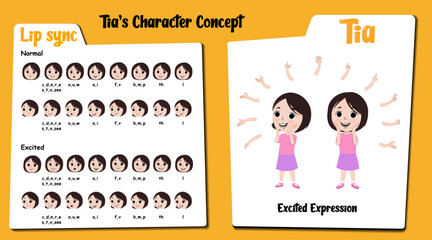 An excited girl cartoon character AKA Tia, little girl cartoon vector. Excited face expressions and lip sync. Set of cute girl with various hand gesture and front and 1/3 standing pose.