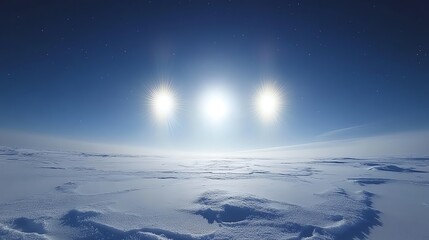 Poster - Three suns shine over a vast, white, snow-covered landscape.