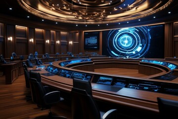 Futuristic courtroom with holographic displays, where evidence is projected in mid-air, and lawyers present cases using digital screens and advanced technology