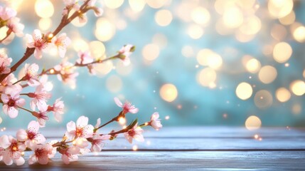 Wall Mural - Delicate cherry blossoms rest on a wooden table, illuminated by twinkling bokeh lights, capturing the essence of spring's beauty