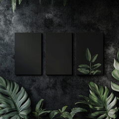 Mockup of three empty frames with a sleek, metallic background, predominantly black design, subtle Amazon rainforest plant detail, minimalistic and modern layout