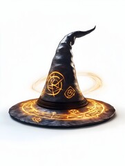 Floating Witch s Hat with Glowing Magical Symbols in Dramatic Shadows on White Background