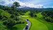 © Suphot - Aerial view of golfers on a beautiful green golf course surrounded by lush hills and blue skies.