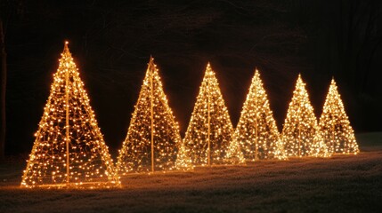 The enchanting display features multiple illuminated Christmas trees glowing brightly against the dark sky, evoking holiday cheer