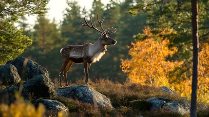 Reindeer looking out over a quiet forest landscape