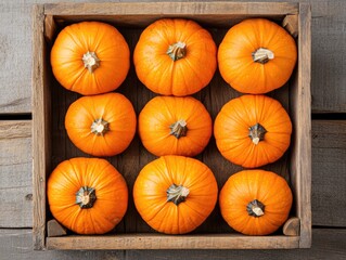 Wall Mural - Ripe pumpkins in a wooden box on a wooden background with a harvest theme flat lay