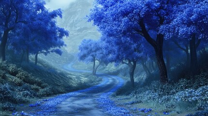 Wall Mural - A peaceful country road cutting through a forest of blue trees, their leaves glowing softly as the fog rolls in from the distant hills