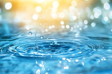Aufkleber - Water drops falling into blue water creating a splash with a blurred light background.