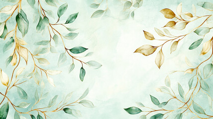 Elegant botanical design featuring green and gold leaves against a soft light blue background