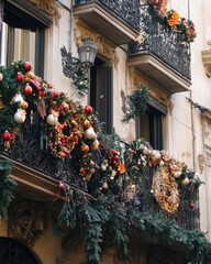 Canvas Print - Holiday decorations on traditional building with wrought iron balconies