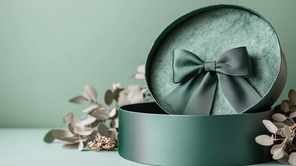 Open round green gift box with a decorative bow on a green background.