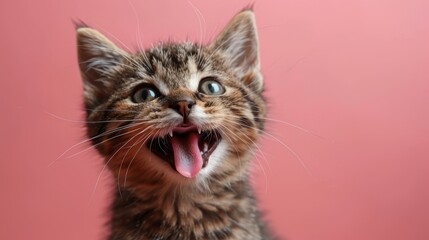 Wall Mural - A kitten with a pink background and a tongue sticking out