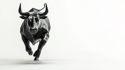 Wall Mural - Black Bull Charging Forward on White Background