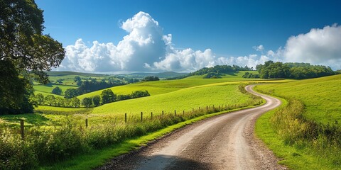 Winding gravel road through rolling green hills on a sunny day.