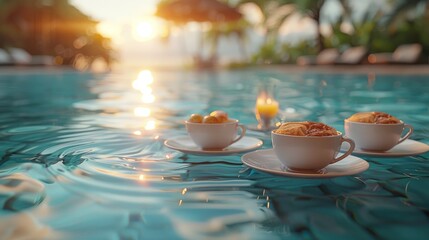 Poster - A pool with three white cups floating on it