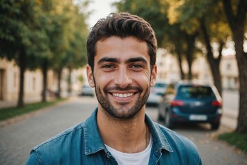 Close portrait of a smiling young Cypriot man looking at the camera, Cypriot outdoors blurred background