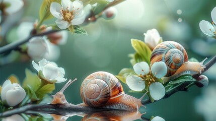 Poster - On a thin branch with green leaves, there's a lovely snail family sitting on a spring green hazy background.