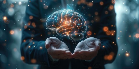 Leinwandbilder - Businessman holding a glowing brain hologram in his hands on a dark blue background with a bokeh effect, conceptualizing artificial intelligence and business technology. Copy space available.