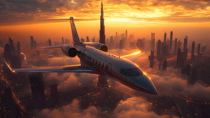 A Private Jet Flying Over the Dubai Skyline with Golden Sunset
