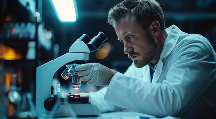 Aufkleber - Scientist in a white lab coat looking into a microscope in a lab. new technologies and discoveries.