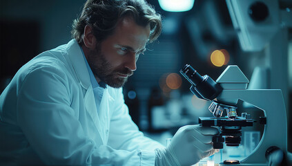 Aufkleber - Scientist in a white lab coat looking into a microscope in a lab. new technologies and discoveries.