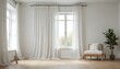 © Sharif54 - A bright and airy bedroom with large windows covered by long, white curtains. The room has a minimalist, modern design with a wooden floor and a simple bench or chair in the foreground.