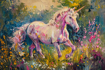 Fantastically beautiful mythological pink unicorn with long horn