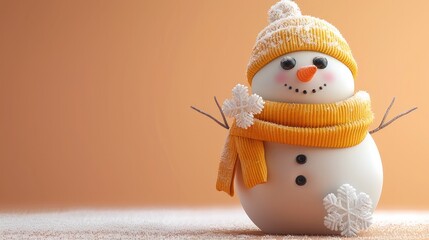 Aufkleber - An endearing vector snowman with a pastel yellow scarf and large, twinkling eyes, holding a tiny snowflake, set against a plain pastel peach background.