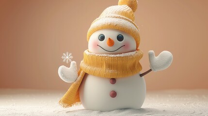 Aufkleber - An endearing vector snowman with a pastel yellow scarf and large, twinkling eyes, holding a tiny snowflake, set against a plain pastel peach background.