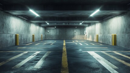 An empty underground parking lot, with rows of parking spaces and dim lighting. The image shows clean, smooth concrete floors, and clear directional signs on the walls