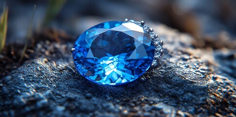 Aufkleber - A close up of a sparkling blue gemstone with a silver band of diamonds set against a dark and textured backdrop.