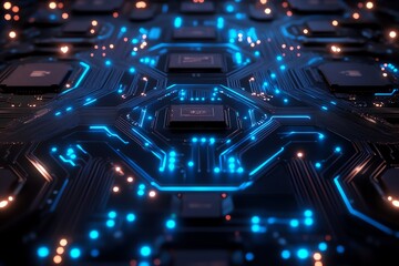 Poster - A close-up view of a circuit board with glowing blue lines and orange lights.