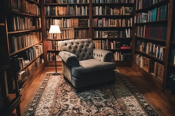 Poster - A comfy armchair sits in a dimly lit library with bookshelves on either side and a patterned rug on the floor.