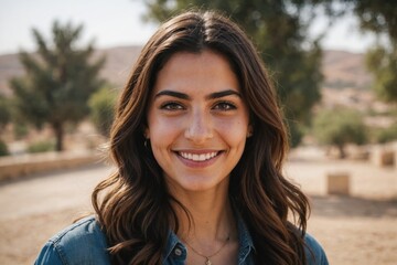 Close portrait of a smiling young Jordanian woman looking at the camera, Jordanian outdoors blurred background